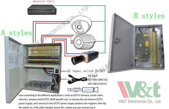 18 قناة 12V العاصمة 180W إمدادات الطاقة كاميرا توزيع مربع لPTZ / DVR