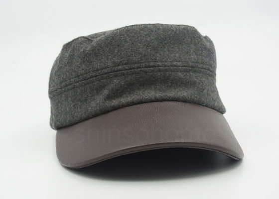 Unisex Leather / Woolen Military Cap Curved Brown Leather Bill 58 CM