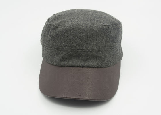 Unisex Leather / Woolen Military Cap Curved Brown Leather Bill 58 CM